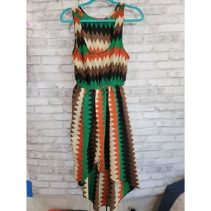 Women Poetry Dress Long Back, Short Front Brown Green Black Orange Geometric Siz